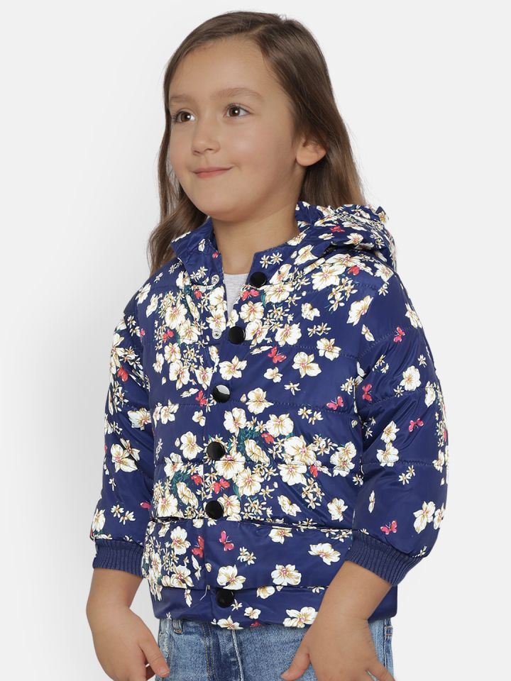 LOL Land of Littles Girls Navy Blue Printed Windcheater Puffer Jacket