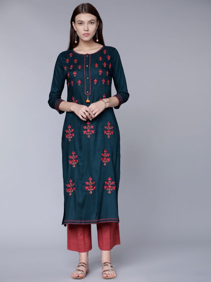 Buy Vishudh Women Teal Blue Pink Embroidered Straight Kurta