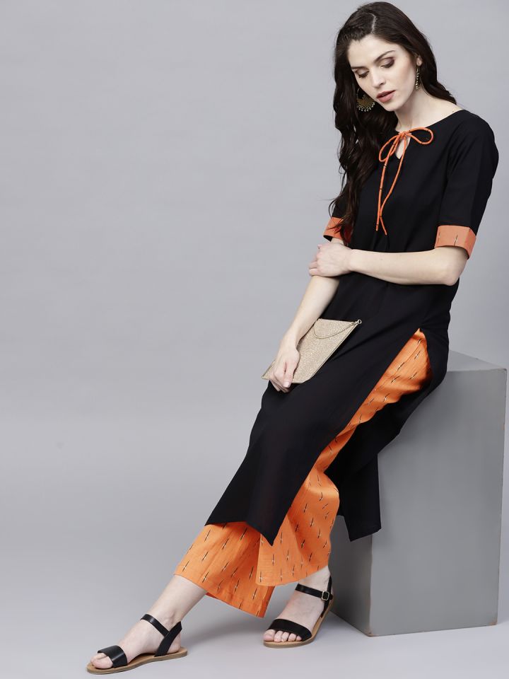 Aks black solid straight kurta online