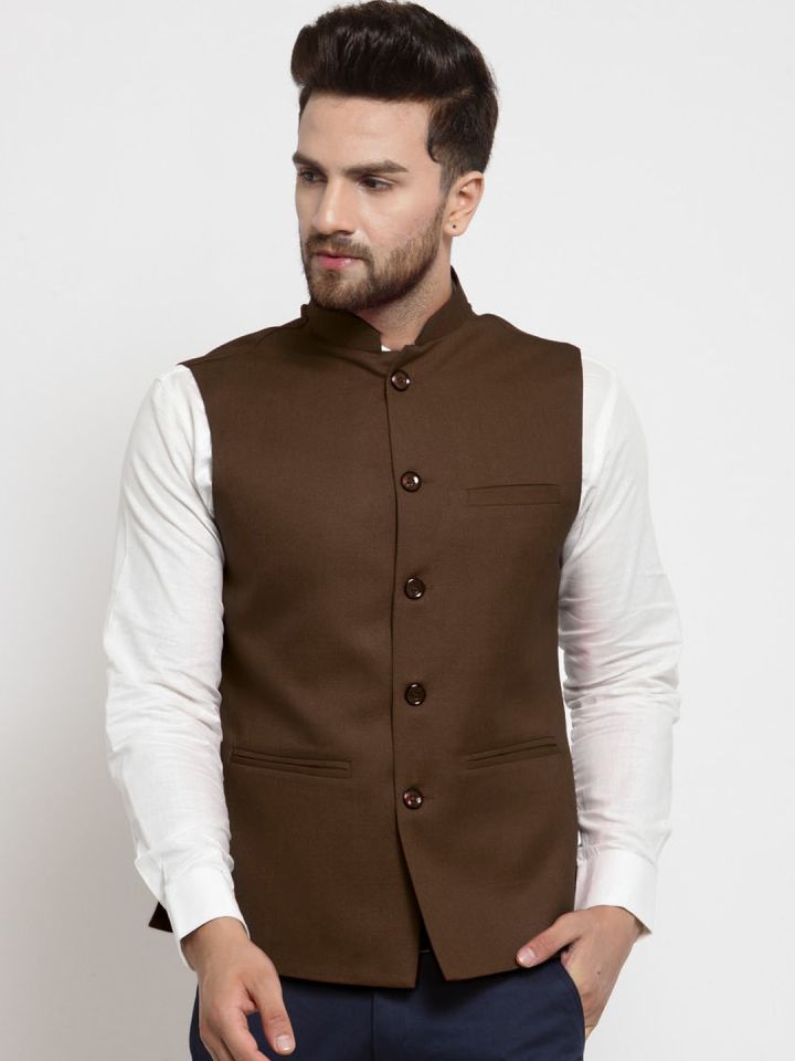 TREEMODA Men Chocolate Brown Solid Nehru Jacket