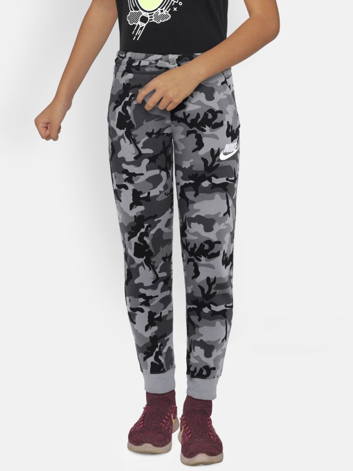 Nike Boys Grey Black Camouflage Print Fleece AOP Slim Fit Jogger