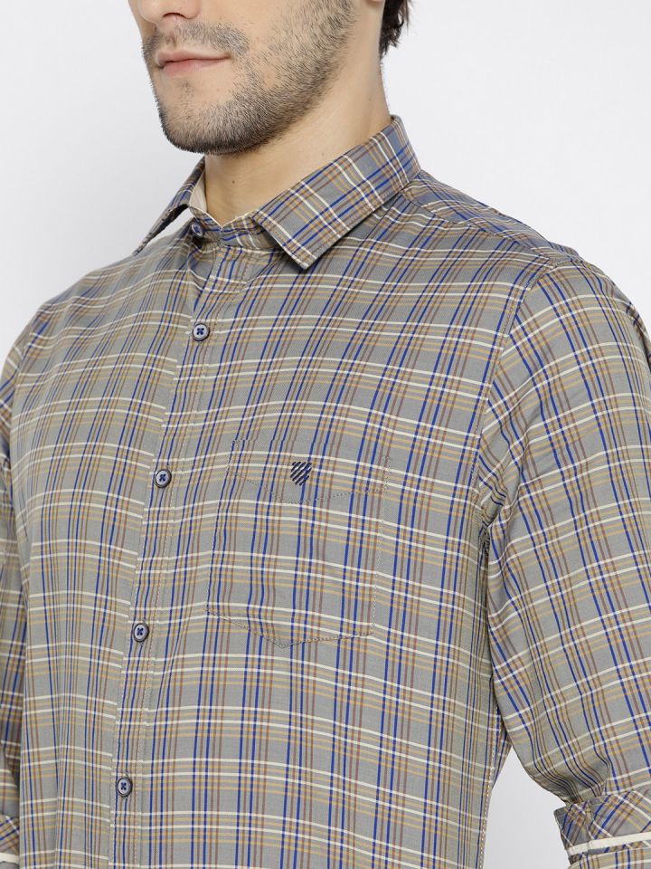 J Hampstead Men Mustard Yellow Blue Slim Fit Checked Casual Shirt