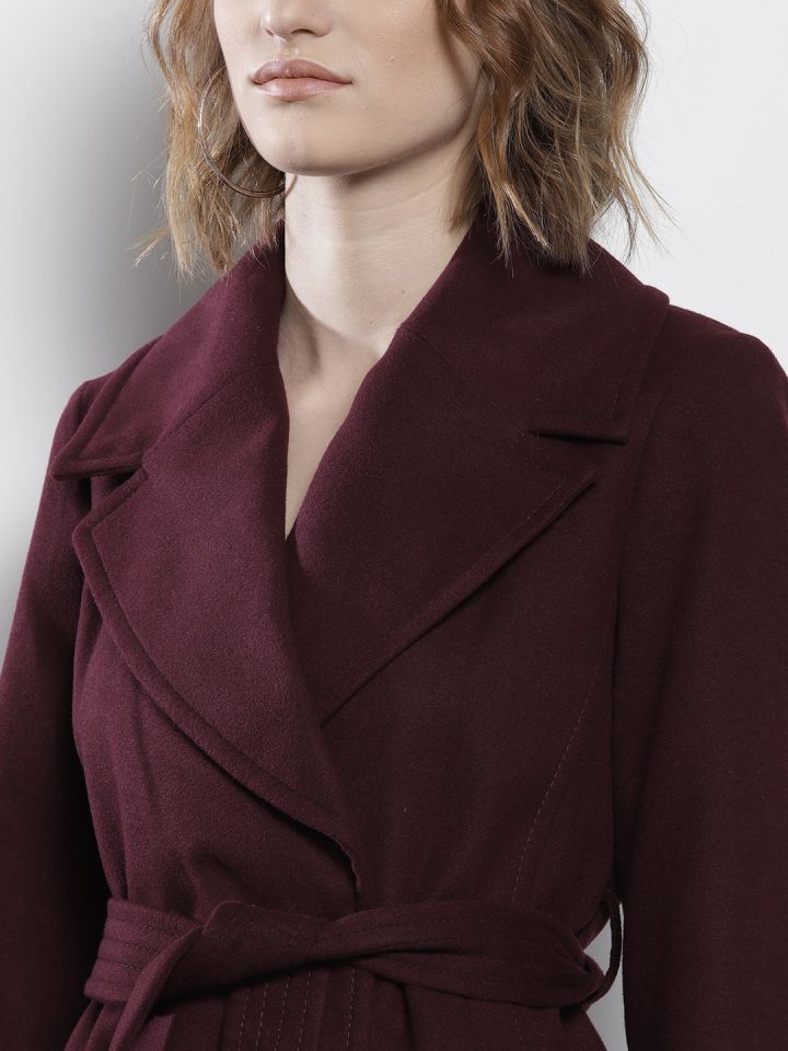 DOROTHY PERKINS Women Petite Burgundy Solid Double Breasted Longline Overcoat