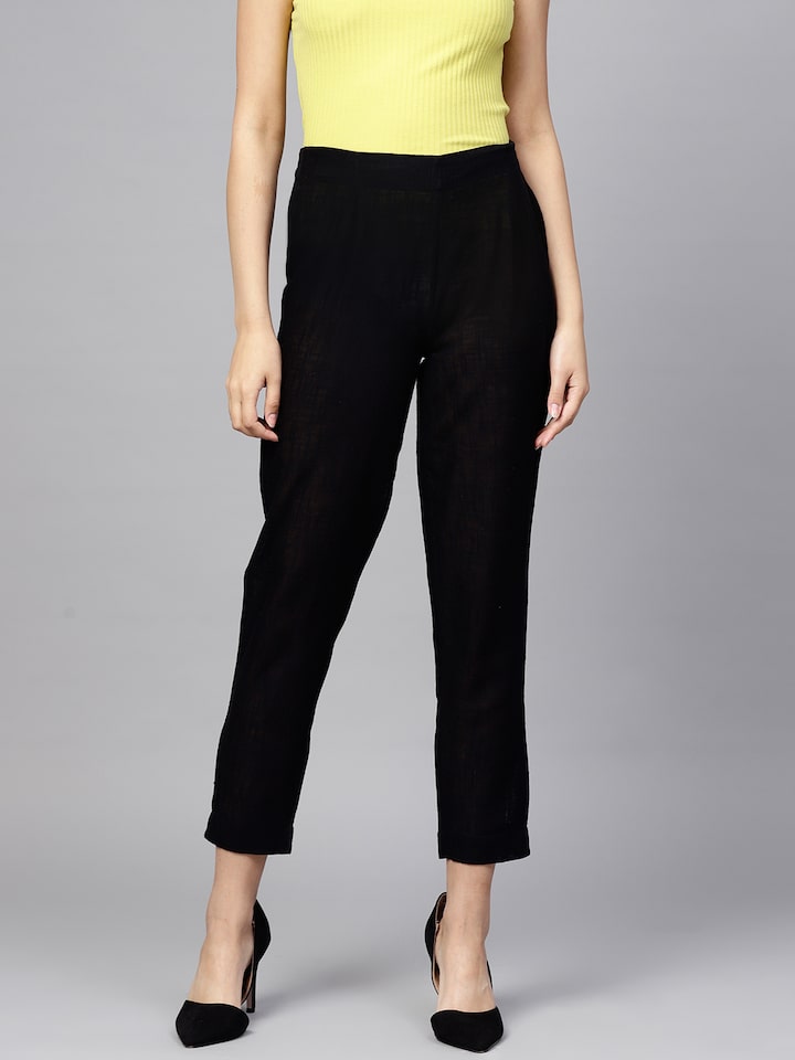 Roadster - By Myntra Indian Women Mid-Rise Regular Fit Cotton Trousers Black  Solid Ready to Wear Flat-Front Cropped Joggers With Pockets - Walmart.com
