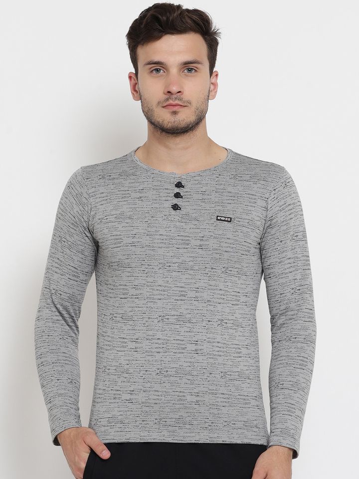 Monte Carlo Men Grey Solid Henley Neck 