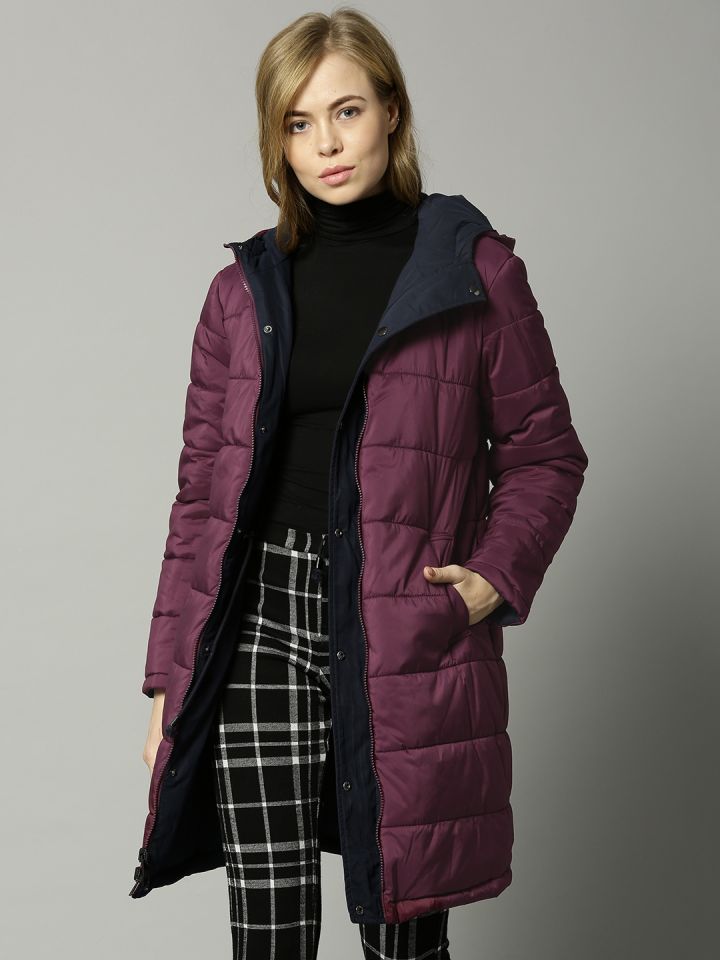 Marks Spencer Women Navy Blue Burgundy Reversible Solid Hooded Parka Jacket