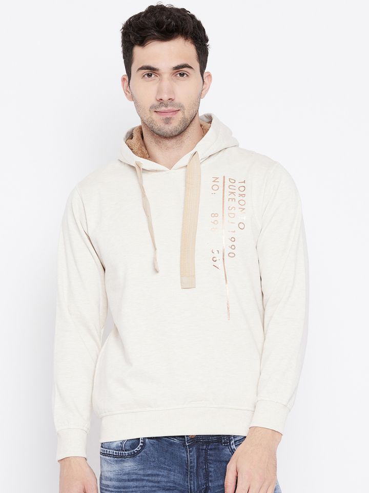 Buy Duke Men Cream Coloured Printed Hooded Sweatshirt