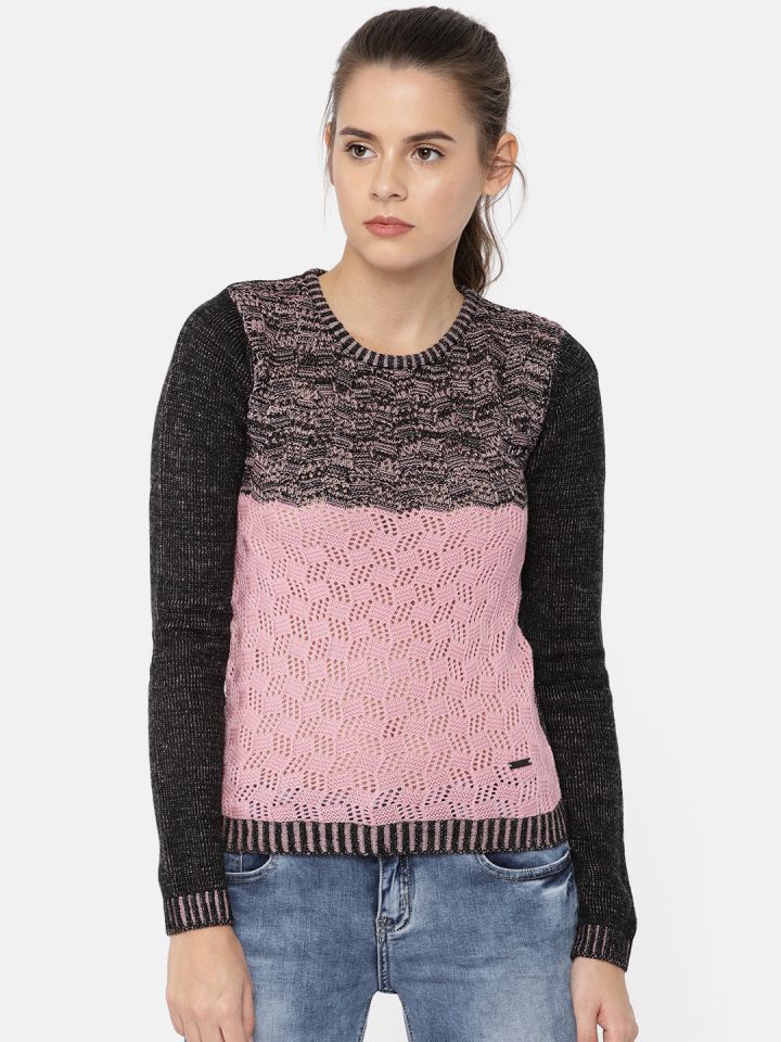Buy Wrangler Black & Pink Self Design Colourblock Sweater - Sweaters for  Women 7675758 | Myntra