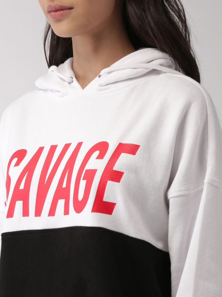 Buy FOREVER 21 Women White Black Colourblocked Hooded Sweatshirt