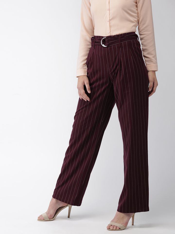 burgundy striped trousers