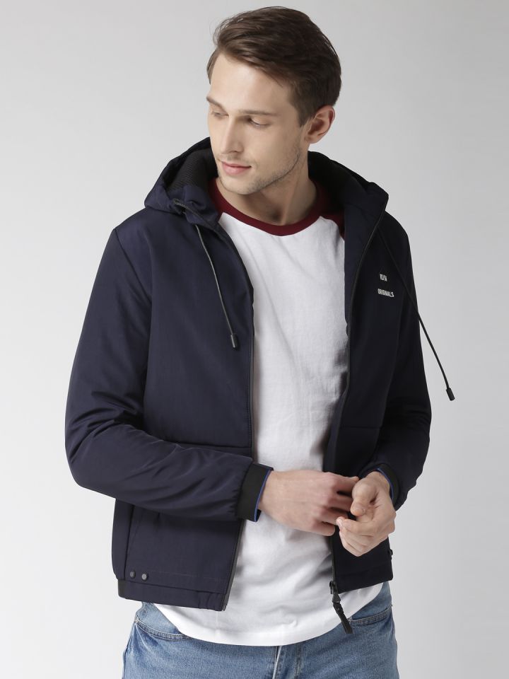 Buy Fort Collins Men Navy Solid Hooded Bomber Jacket Jackets for