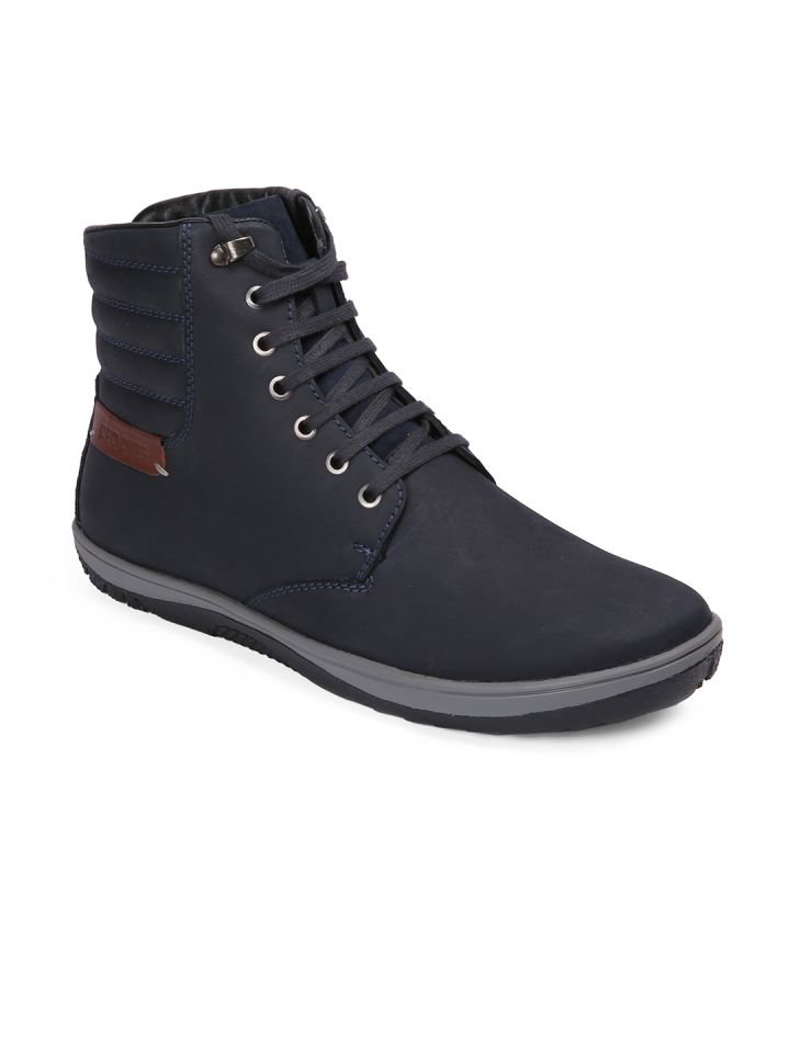 Red Chief Men Blue Solid Leather High Top Flat Boots