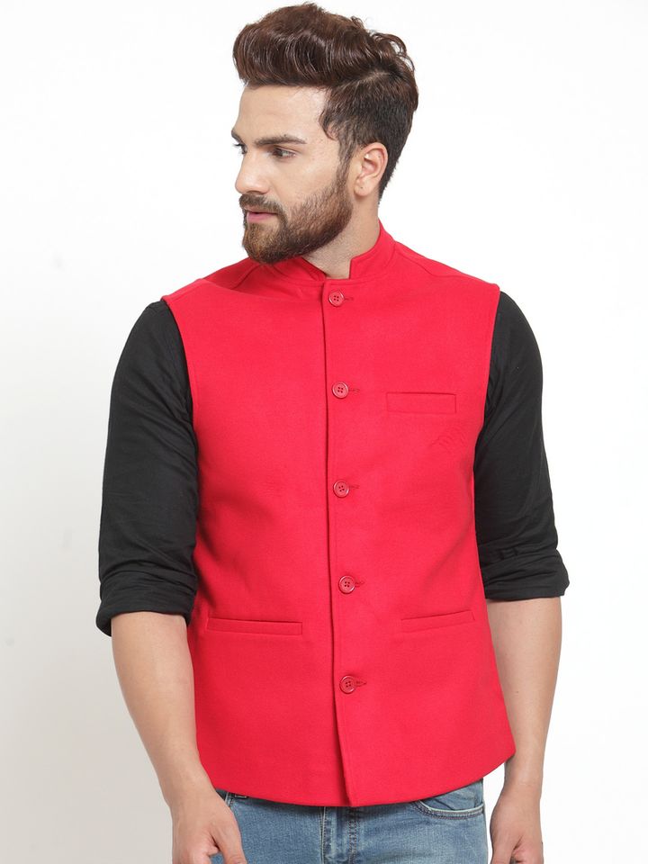 red nehru jacket with jeans
