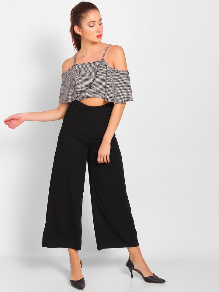 StalkBuyLove Women Grey Solid Crop Top with Trousers