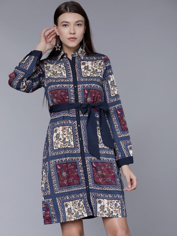 tokyo talkies women navy blue printed shirt dress