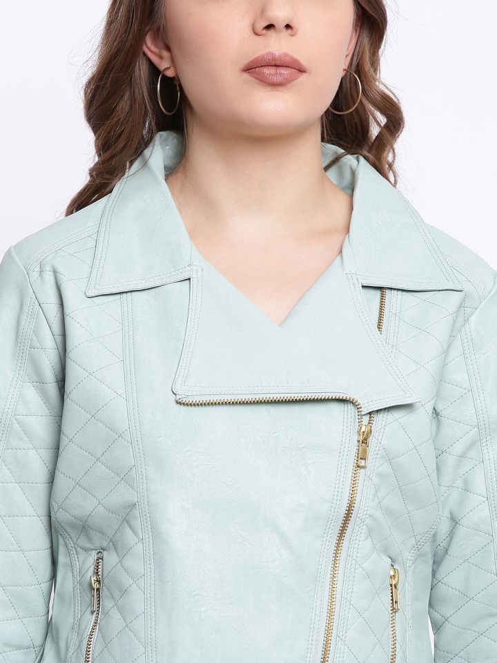 Sea green leather jacket on sale
