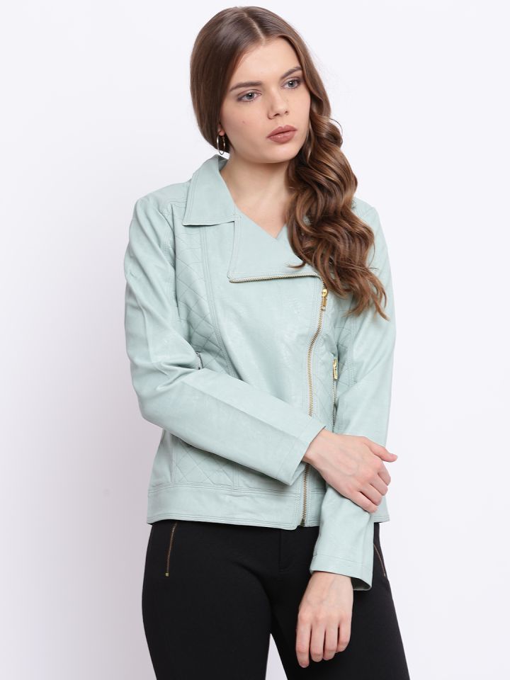 Sea green leather jacket on sale