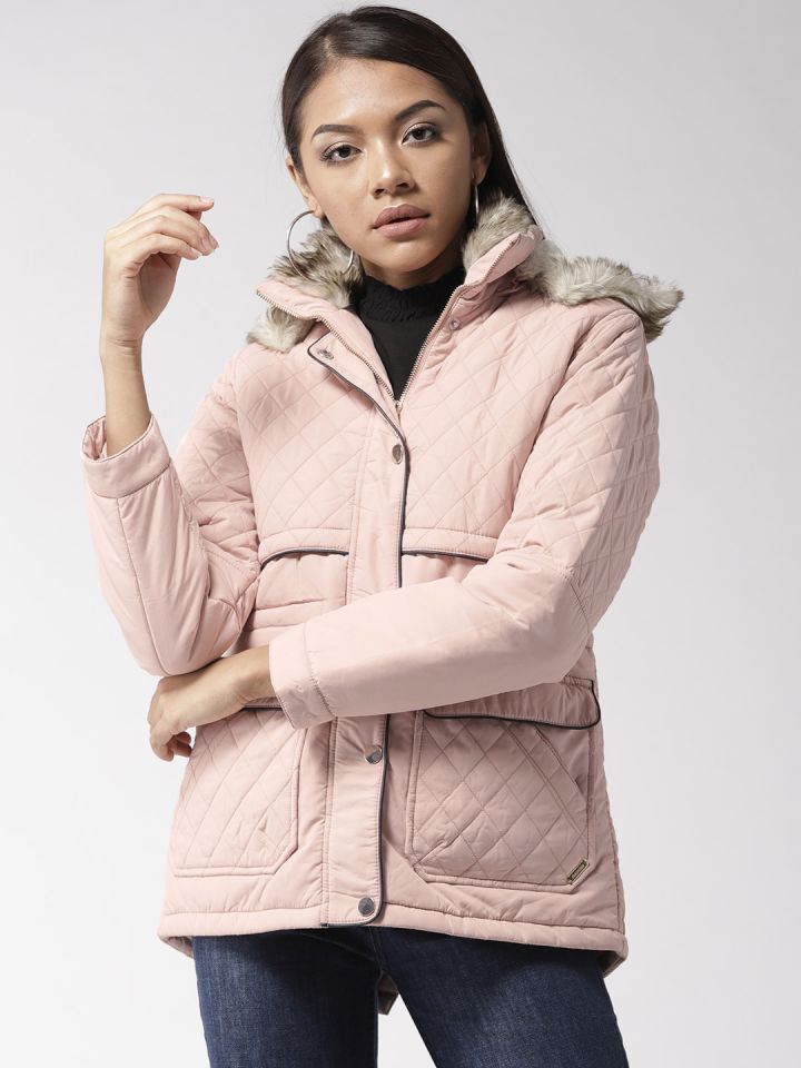 Madame Women Peach Coloured Solid Hooded Quilted Parka Jacket