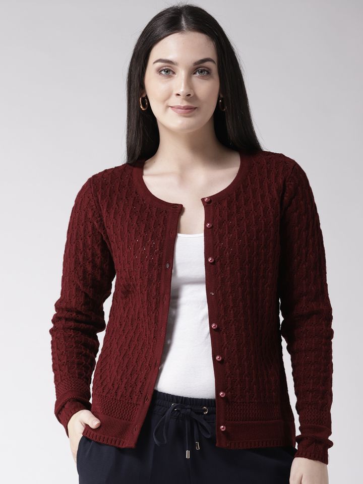 Buy Madame Women Maroon Self Design Open Knit Cardigan Sweaters