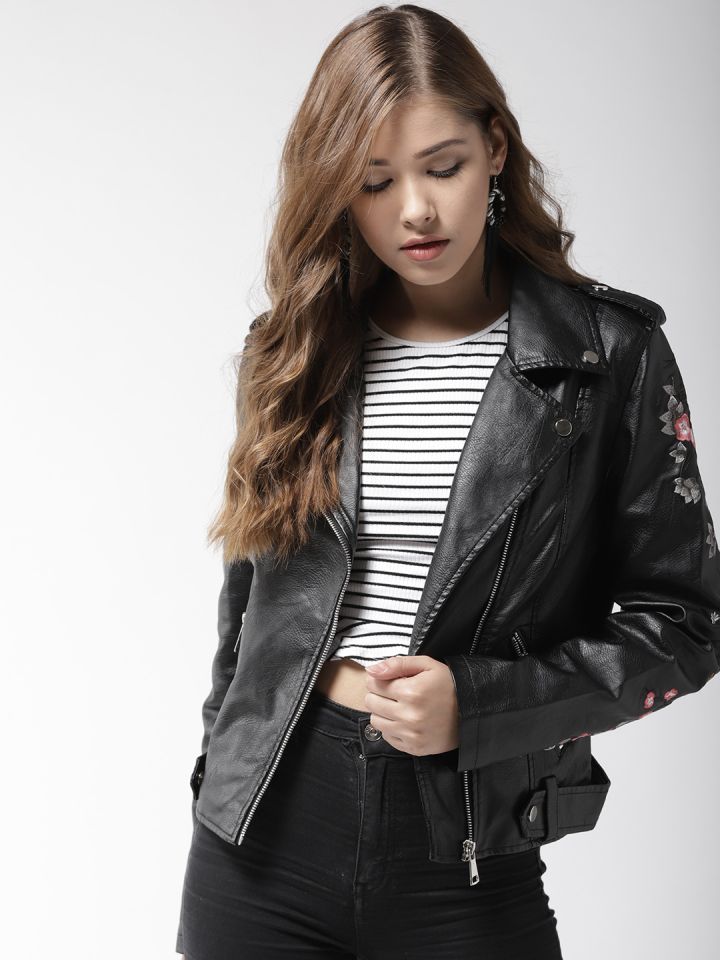 Madame Women Black Solid Asymmetric Closure Biker Jacket with Embroidered Detail