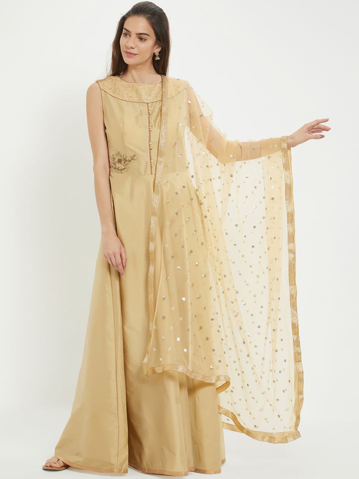 Buy Dupatta Bazaar Beige Golden Colored Embroidered Dupatta
