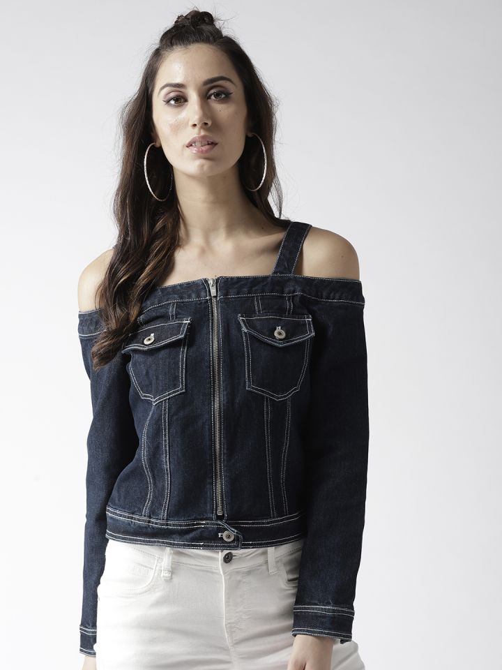 Madame Women Navy Blue Solid Denim Jacket