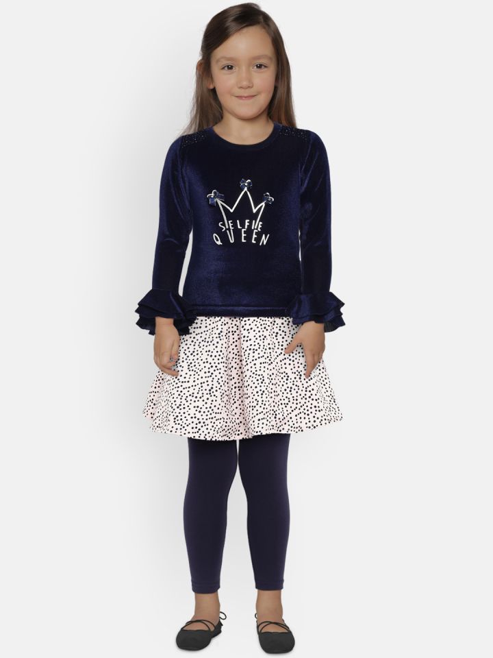 Buy Peppermint Girls Set Of Navy Blue Top & Peach Coloured Skirt