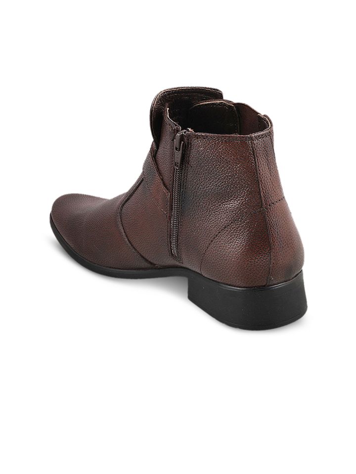 Mochi Men Brown Textured Leather High Top Flat Boots