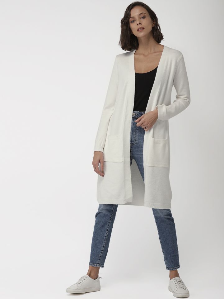 Buy FOREVER 21 Women Cream Coloured Solid Front Open Sweater