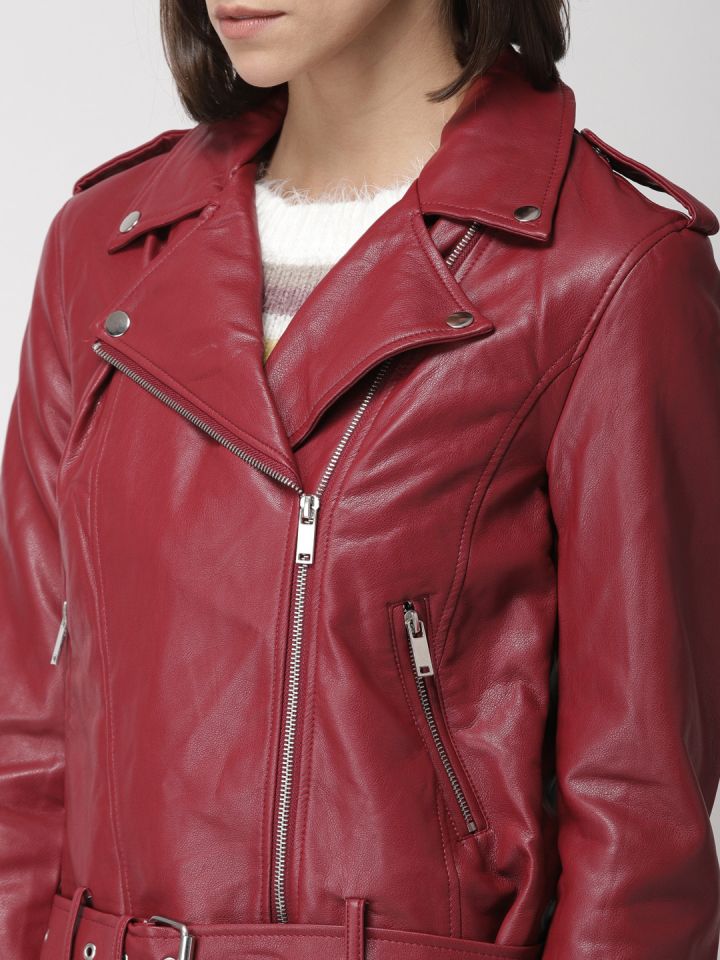 FOREVER 21 Women Burgundy Solid Biker Jacket