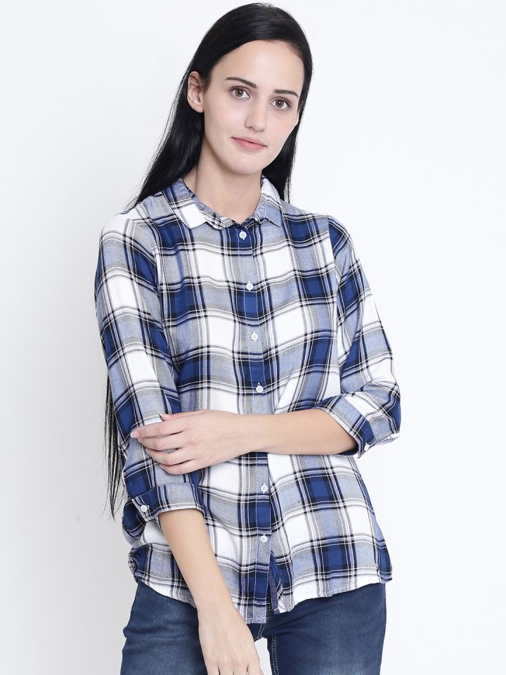 Buy Crimsoune Club Women Navy Blue White Slim Fit Checked Casual