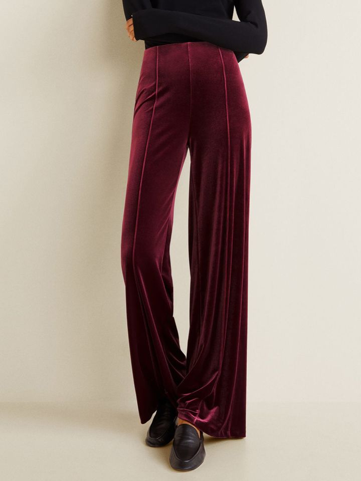 Buy MANGO Women Maroon Solid Velvet Finish Regular Fit Parallel