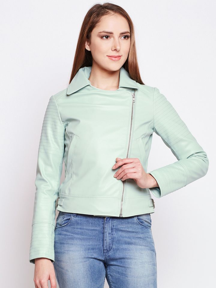 Sea green leather jacket on sale