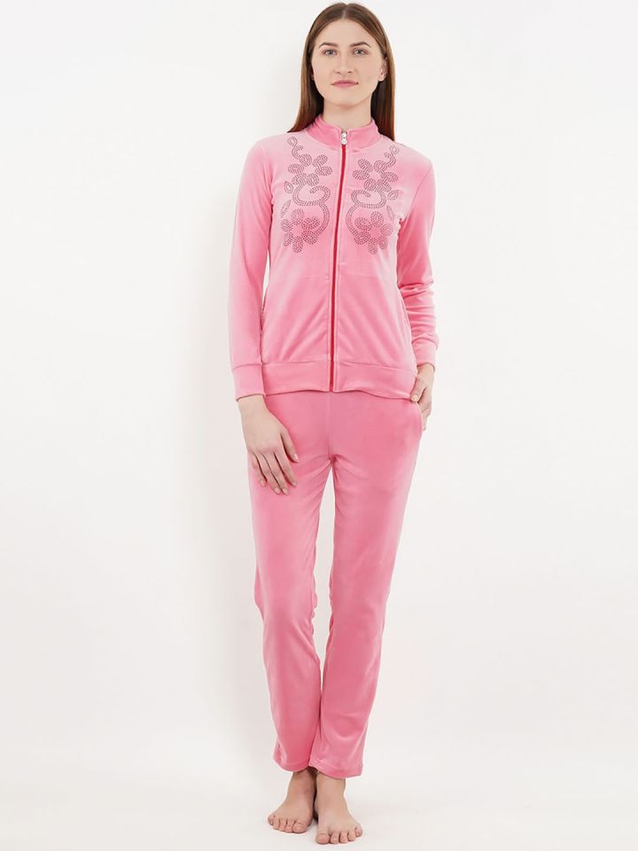 Buy Sweet Dreams Women Pink Solid Velour Finish Night Suit Night