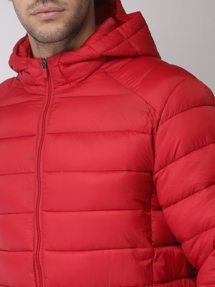 FOREVER 21 Men Red Solid Hooded Puffer Jacket