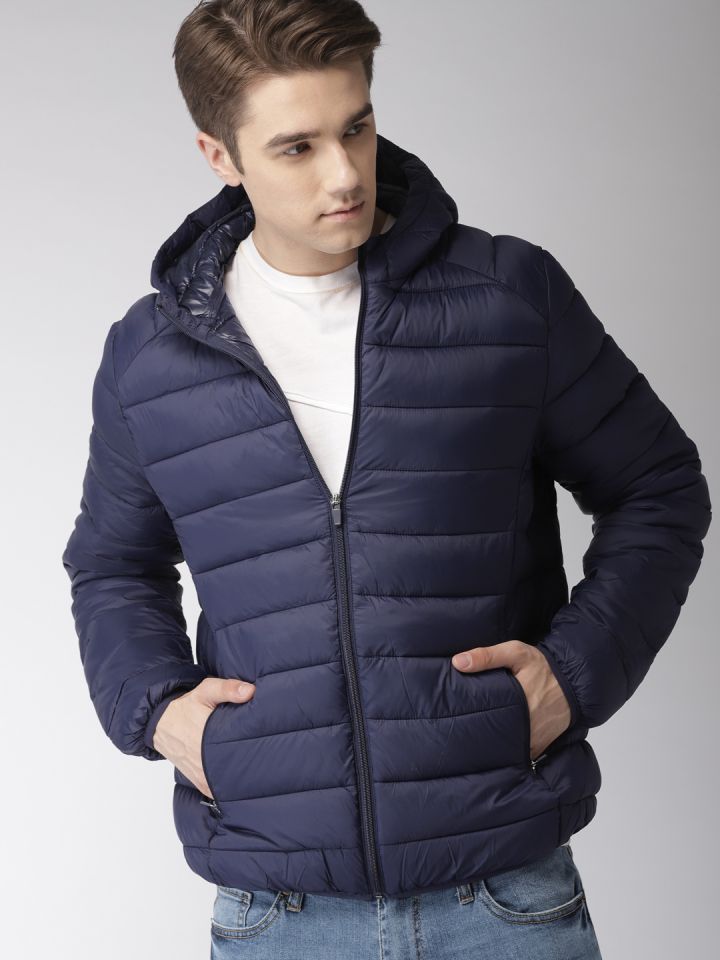 Black and top blue puffer jacket