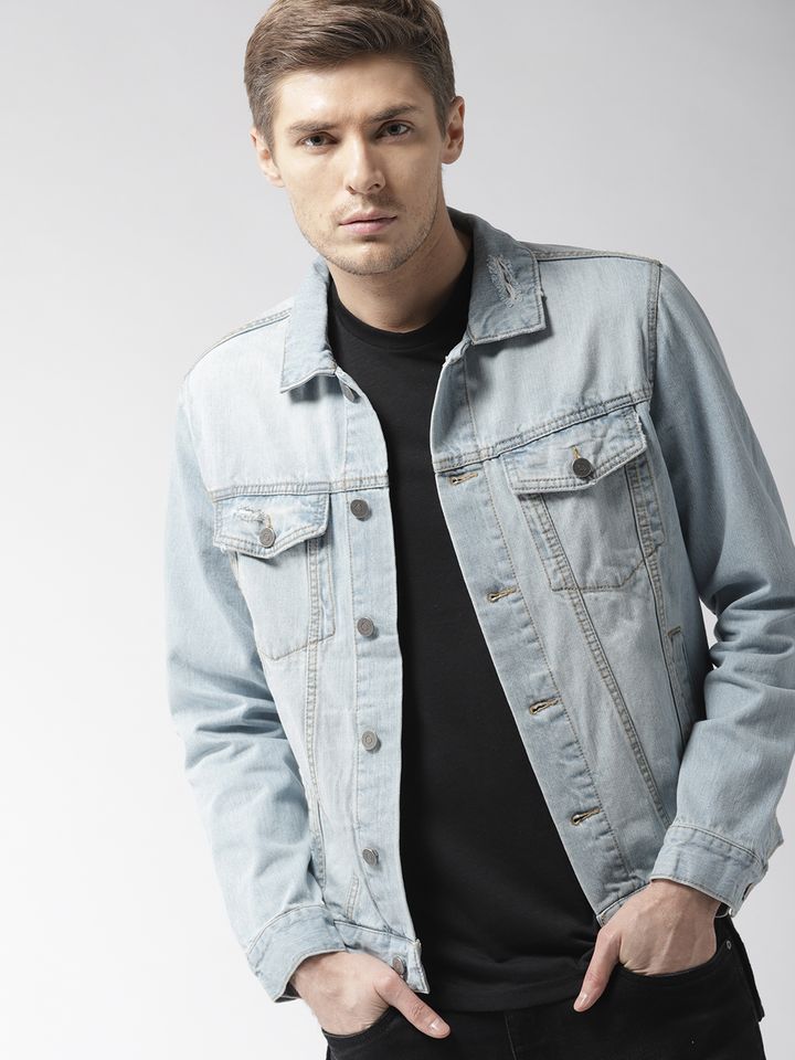 Men Blue Solid Denim Jacket - Jackets 