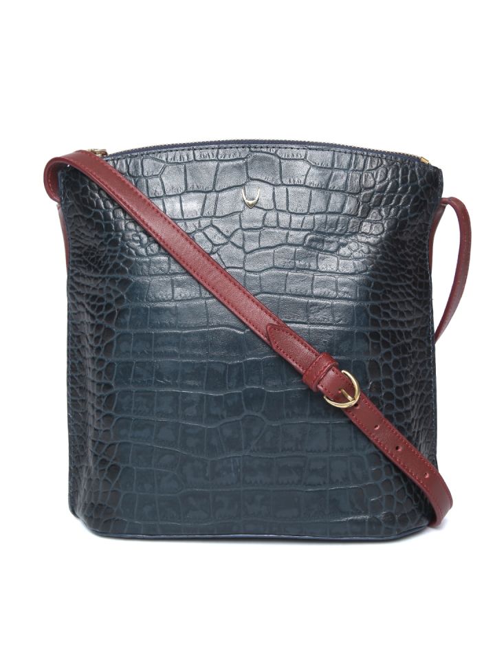 Buy Hidesign Navy Blue Croc Pattern Leather Sling Bag Handbags
