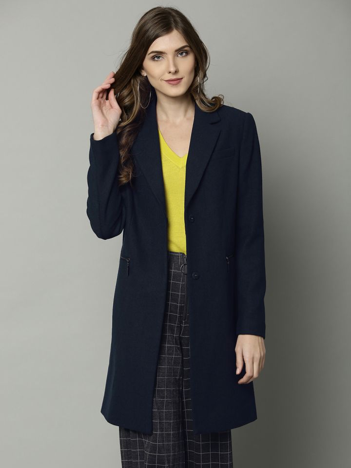 Marks Spencer Women Navy Blue Solid Longline Overcoat