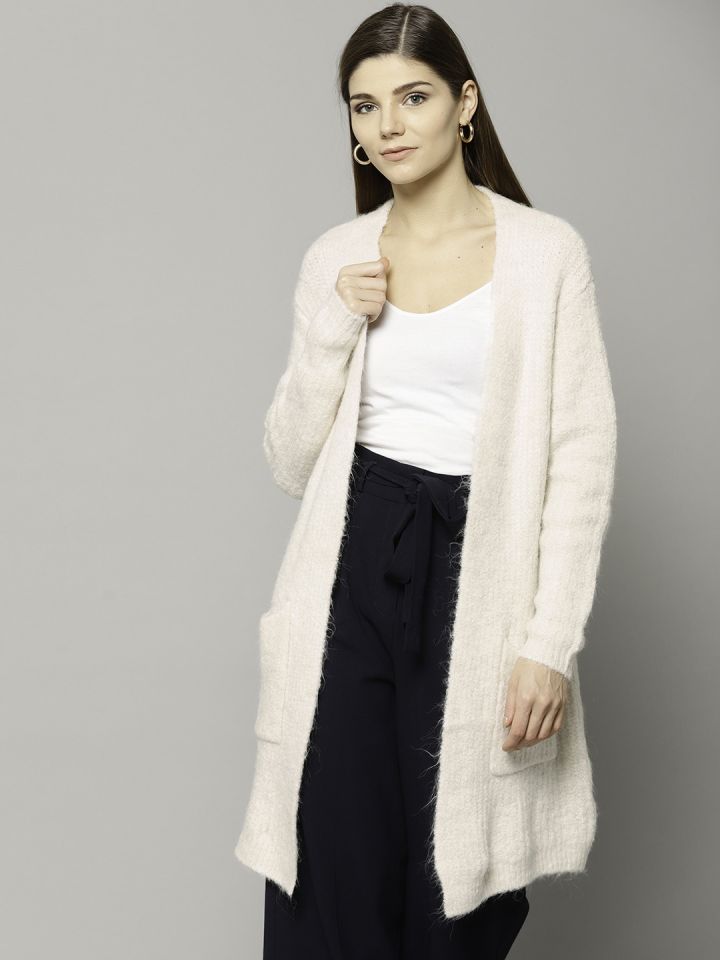 Marks Spencer Women Off White Solid Front Open Cardigan
