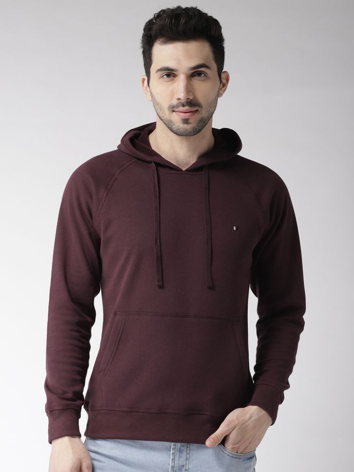 Okane Men Wine Coloured Solid Hooded Sweatshirt
