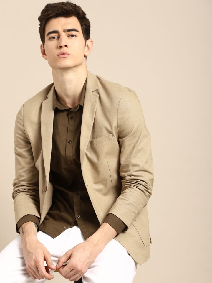 ether Men Khaki Single Breasted Regular Fit Casual Blazer