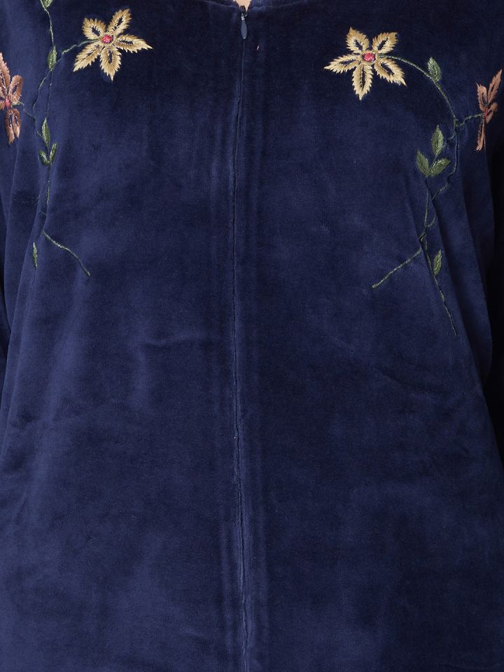 Buy Velvet By Night Navy Blue Velvet Full Sleeves Embroidered Full Nighty  For Women - Nightdress for Women 7824379