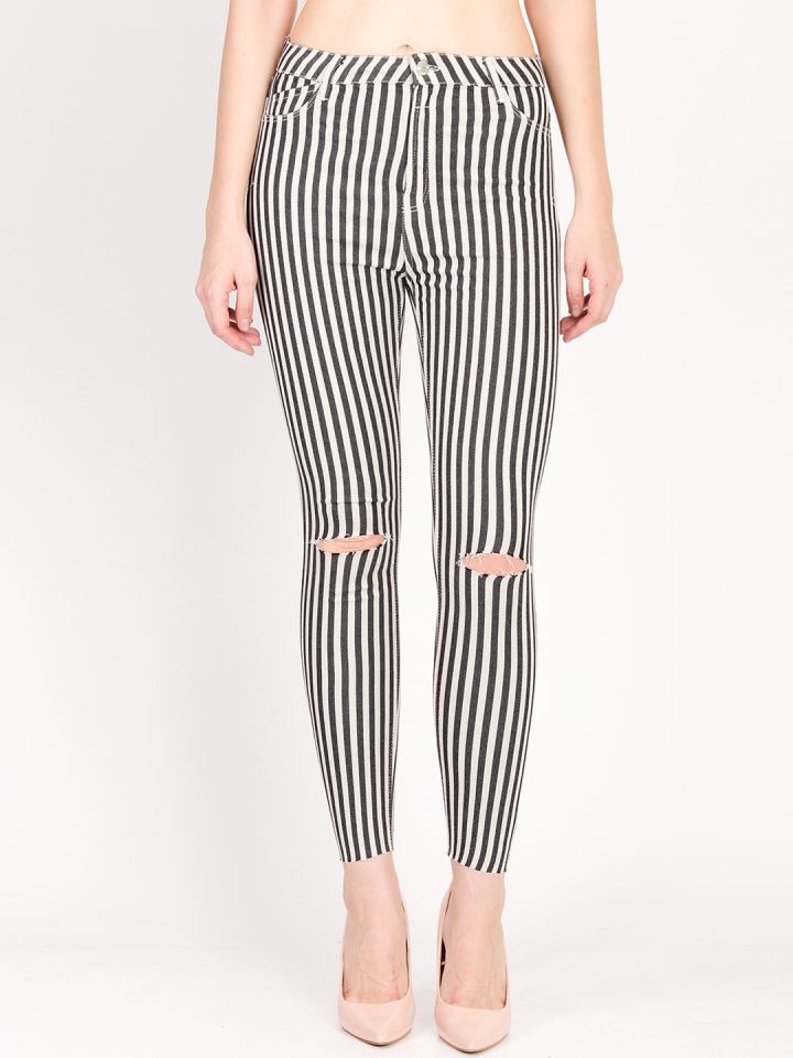 womens black and white striped skinny jeans