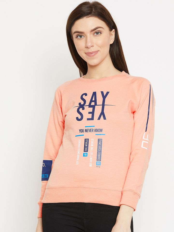 Buy Duke Women Peach Coloured Navy Blue Printed Sweatshirt