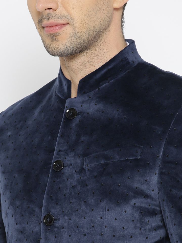 Buy Blackberrys Navy Blue Patterned Slim Bandhgala Velvet Blazer