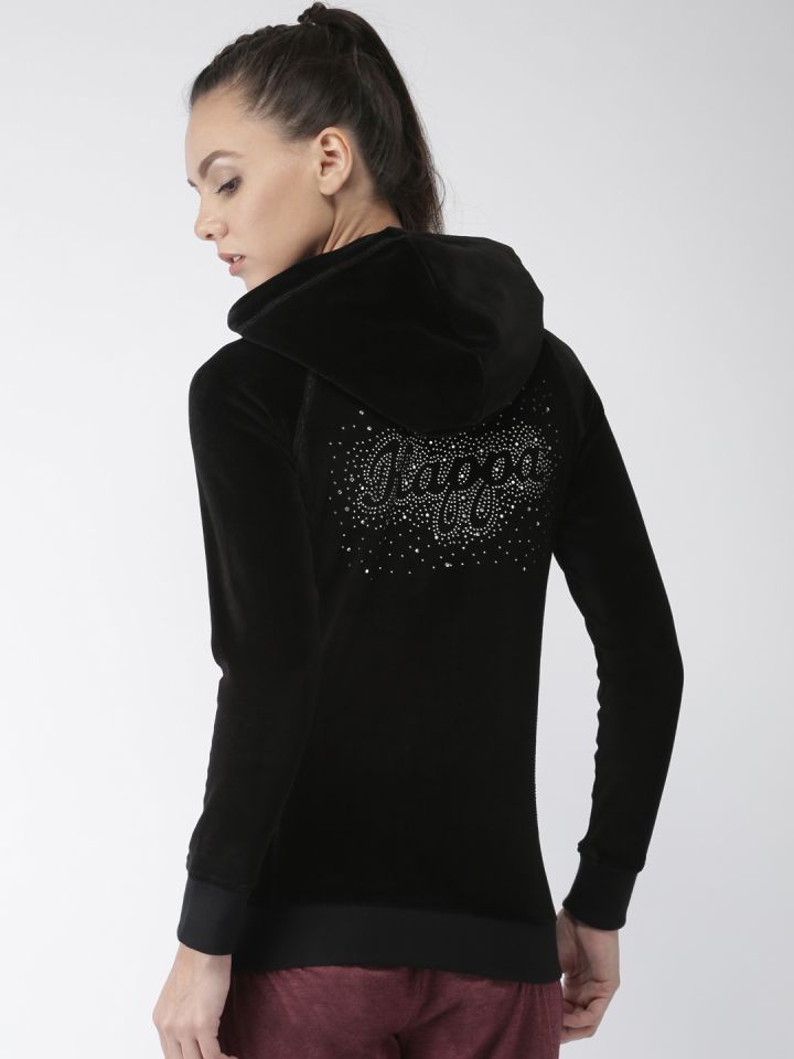 Buy Women Black Regular Fit Embellished Hooded Velvet Sweatshirt - Sweatshirts for 8002989 | Myntra