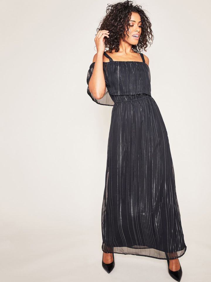 Buy Promod Women Black Silver Toned Striped Maxi Dress Dresses