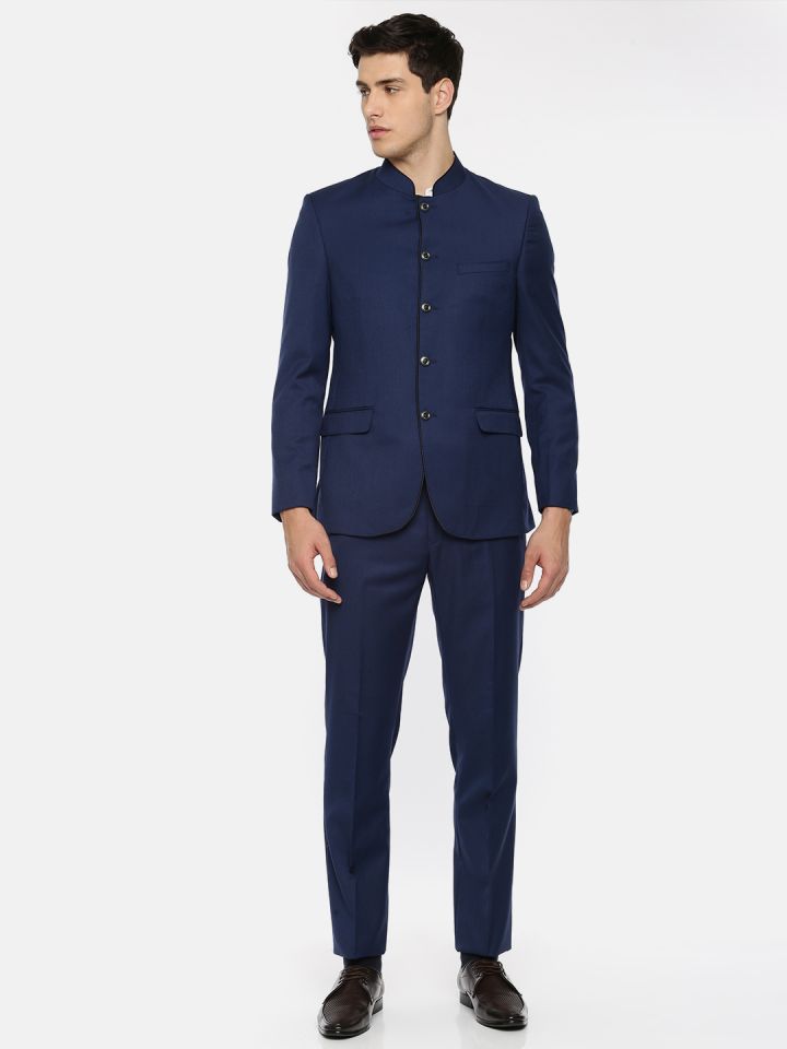 Buy Raymond Blue Men Self Design Contemporary Fit Bandhgala Suit