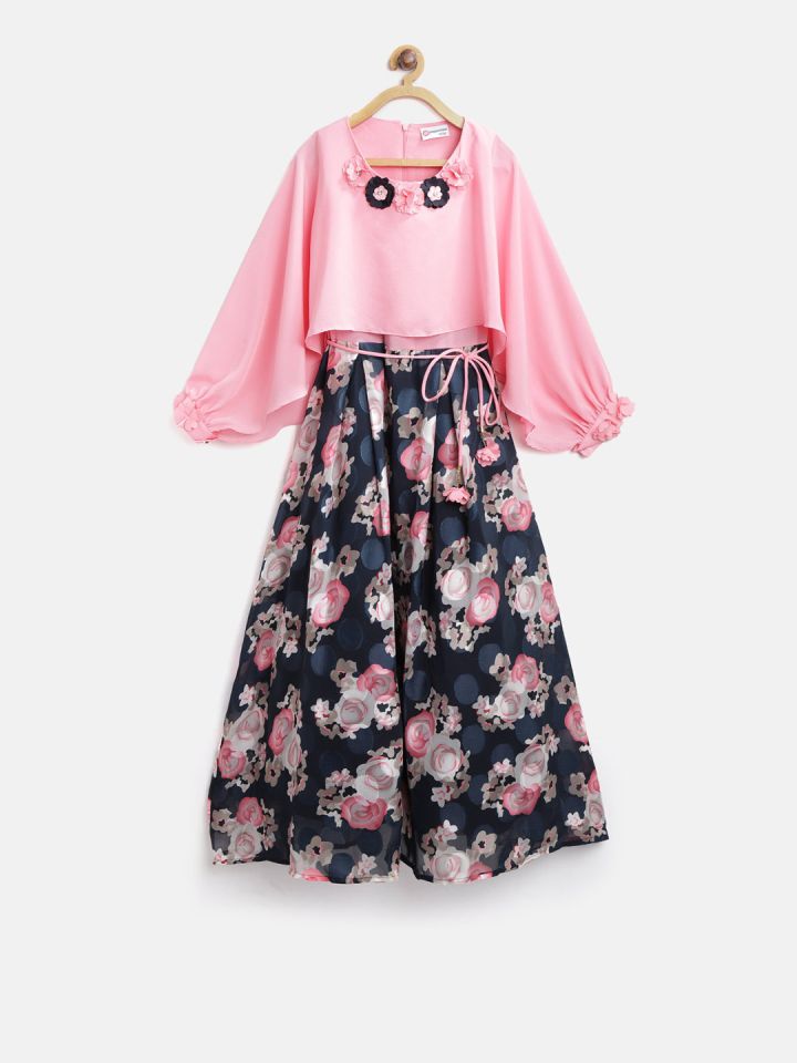 Buy Peppermint Girls Pink Navy Printed Layered Maxi Dress